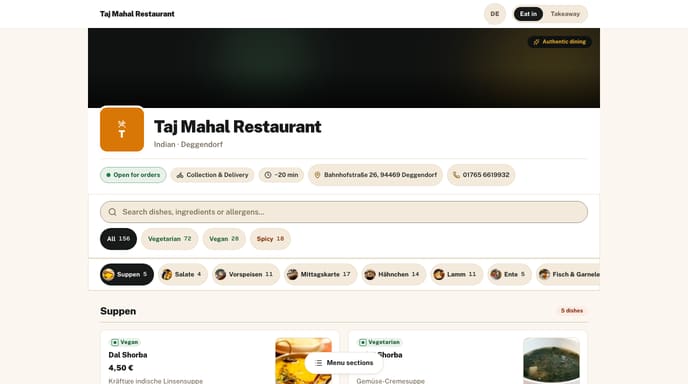 A restaurant's menu on a guest's phone, with categories and prices.