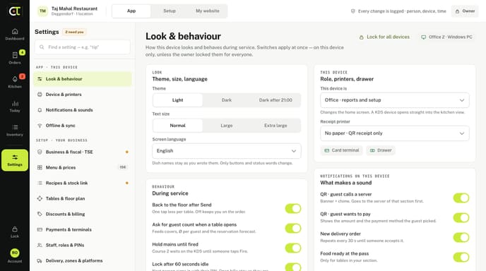 OrderTap settings with sections for device, business, menu, team and payments.